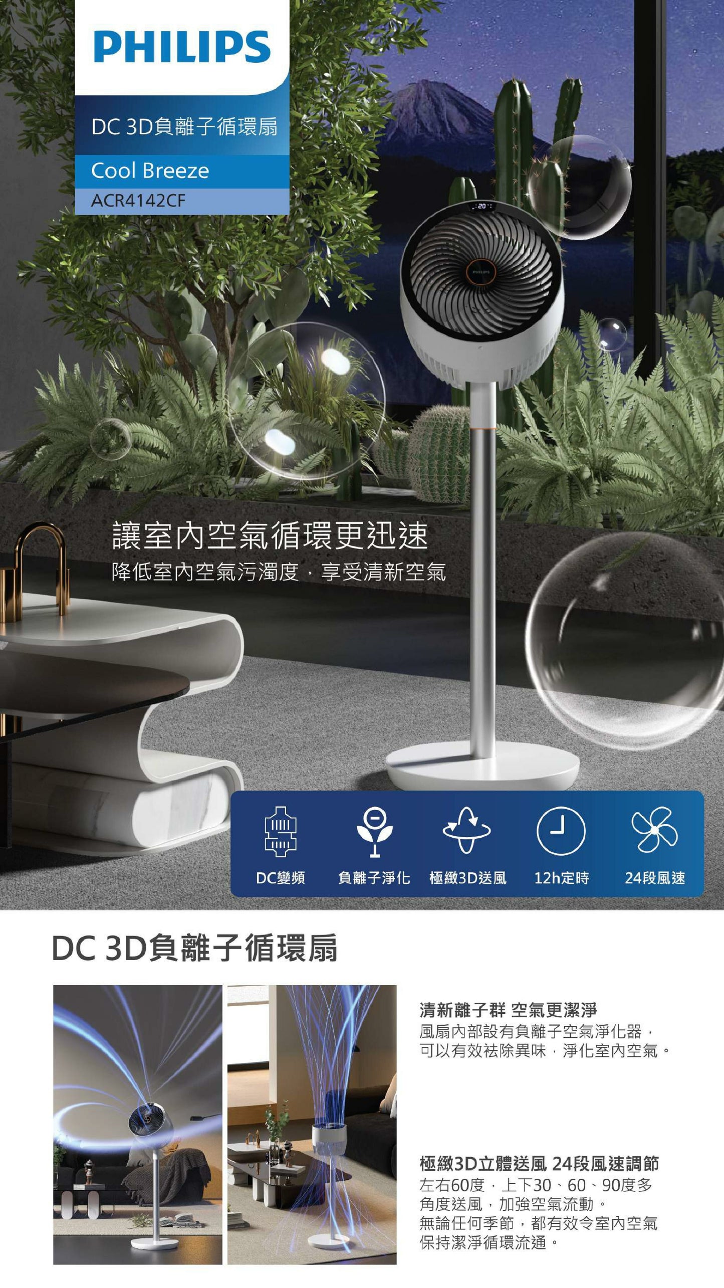 Philips 3D Negative Ion DC Floor Circulation Fan ACR-4142CF | 24 levels of wind speed|Wireless remote control|App control|Hong Kong licensed product|Original 1-year warranty