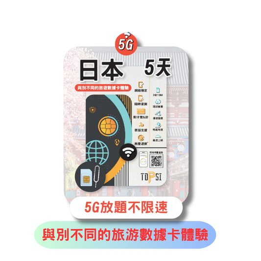 TOPSI 日本 5日 5G 放題不降速 數據上網卡 雙網絡 - 真正不降速 數據放題