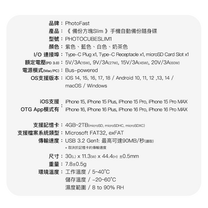Photo Fast Cube Slim 備份方塊｜iPhone / iPad / Android 直插自動備份｜不需網路、不需插電