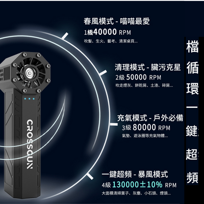 CROSSGUN 暴風X3-Pro 手持渦輪扇｜130000RPM｜3段速｜超頻暴風模式｜120 分鐘電量｜迷你空氣炮｜1年保養