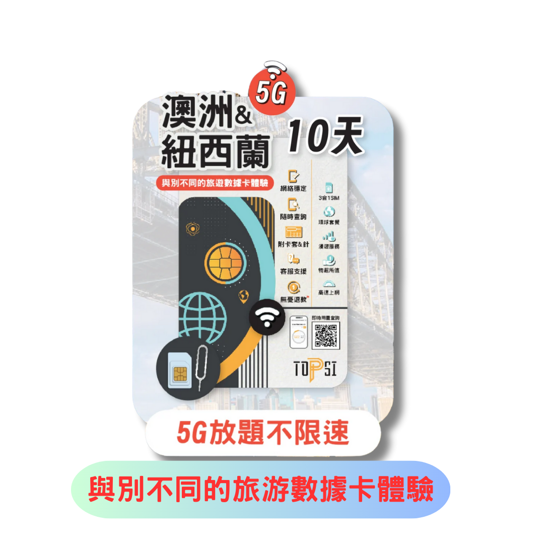 TOPSI 澳洲及紐西蘭 10日 5G 數據上網卡 - 雙網絡覆蓋更好