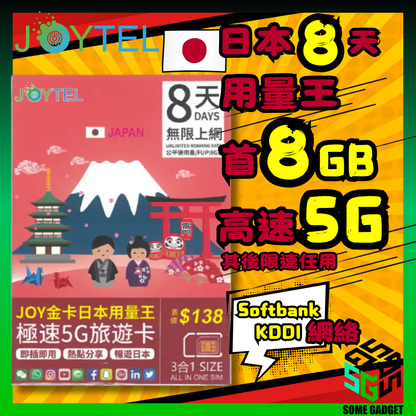 JOYTEL 8日 金卡日本用量王極速5G旅遊卡 無限上網卡 (首8GB高速數據 其後限速無限任用)