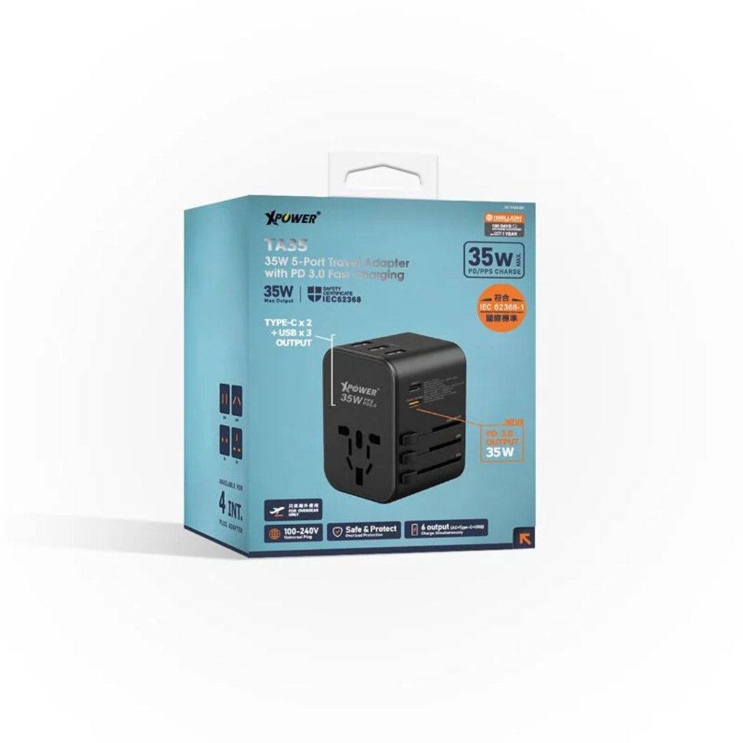 XPower TA35 35W 5-Port  PD 3.0快充 旅行充電轉插 - 香港行貨