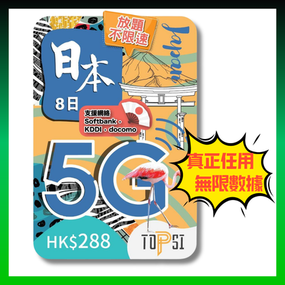 TOPSI 日本 8日 5G 極速無限 不降速 數據上網卡 雙網絡 - 真正不降速 數據放題