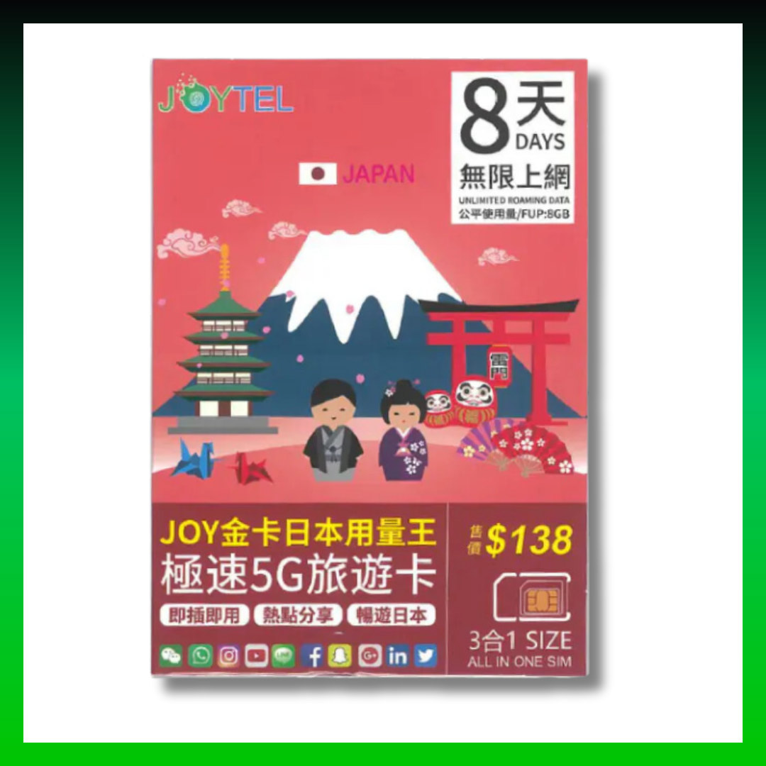 JOYTEL 8日 金卡日本用量王極速5G旅遊卡 無限上網卡 (首8GB高速數據 其後限速無限任用)